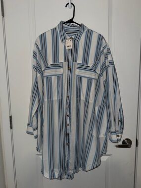 Free People Blue and White Striped Button-Up Tunic